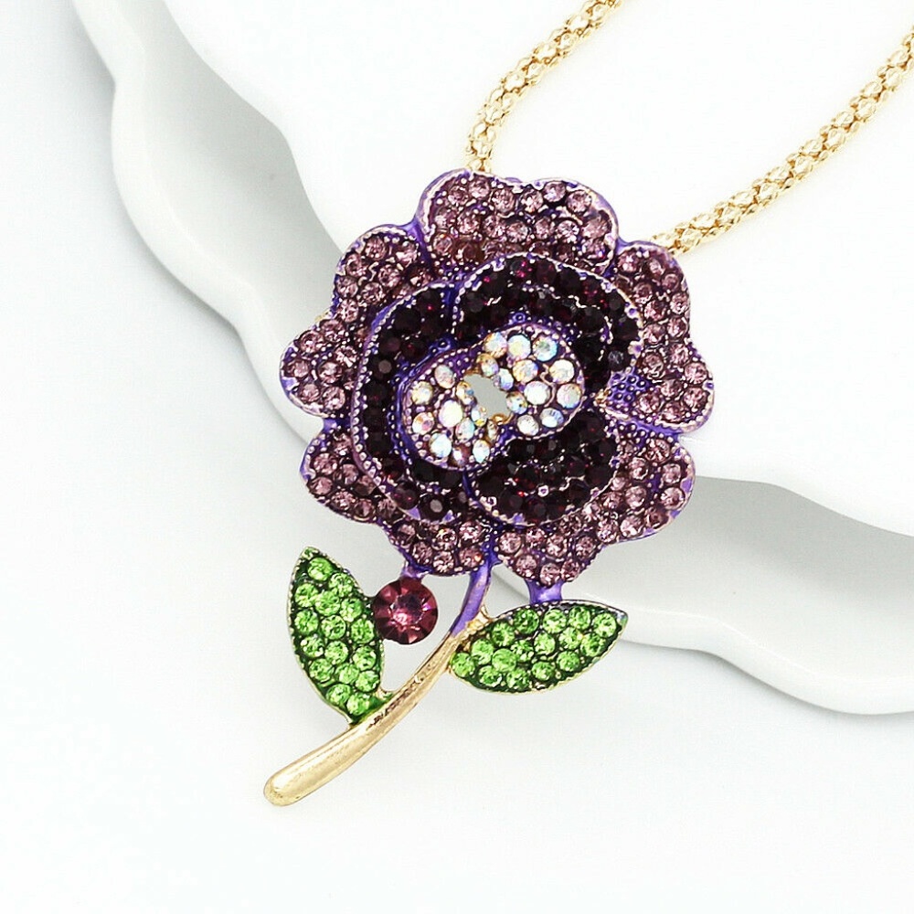 Purple Rhinestone Flower Necklace/Pin